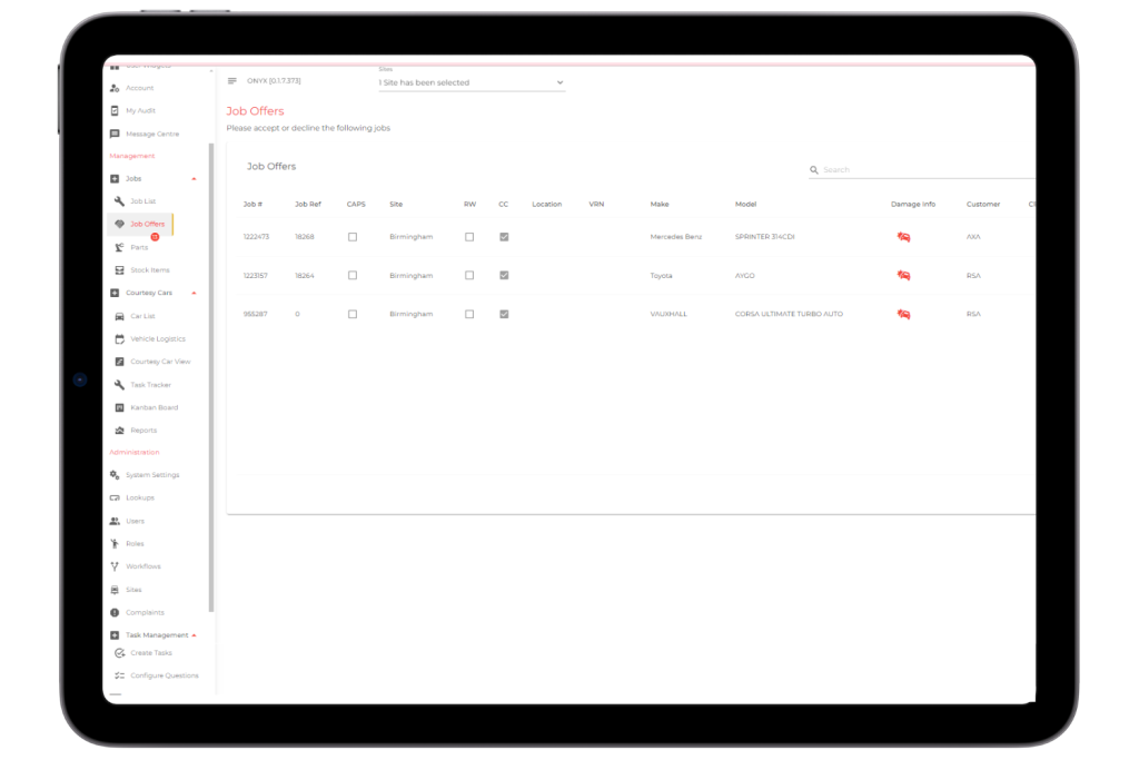An iPad screenshot showing the Onyx Bodyshop Management System's Job Offers management page, which allows garage owners and bodyshop managers to see new repair jobs allocated to their business, accept them, decline, quote, and progress them for the attention of their technicians.