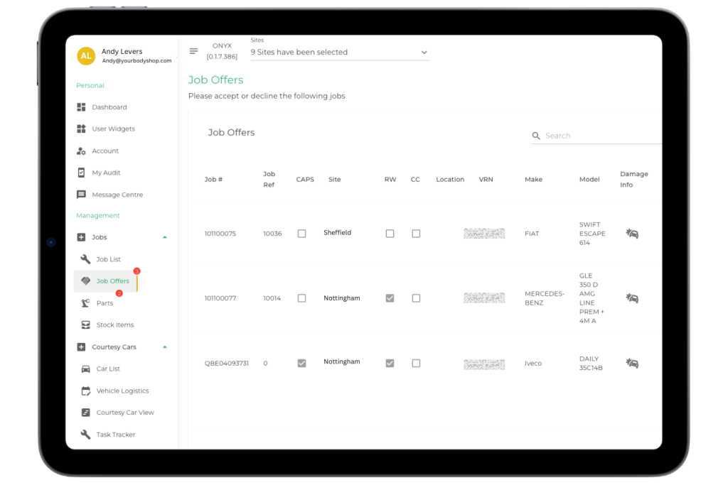An iPad screenshot showing the Onyx Bodyshop Management System's Job Offers management page, which allows garage owners and bodyshop managers to see new repair jobs allocated to their business, accept them, decline, quote, and progress them for the attention of their technicians.