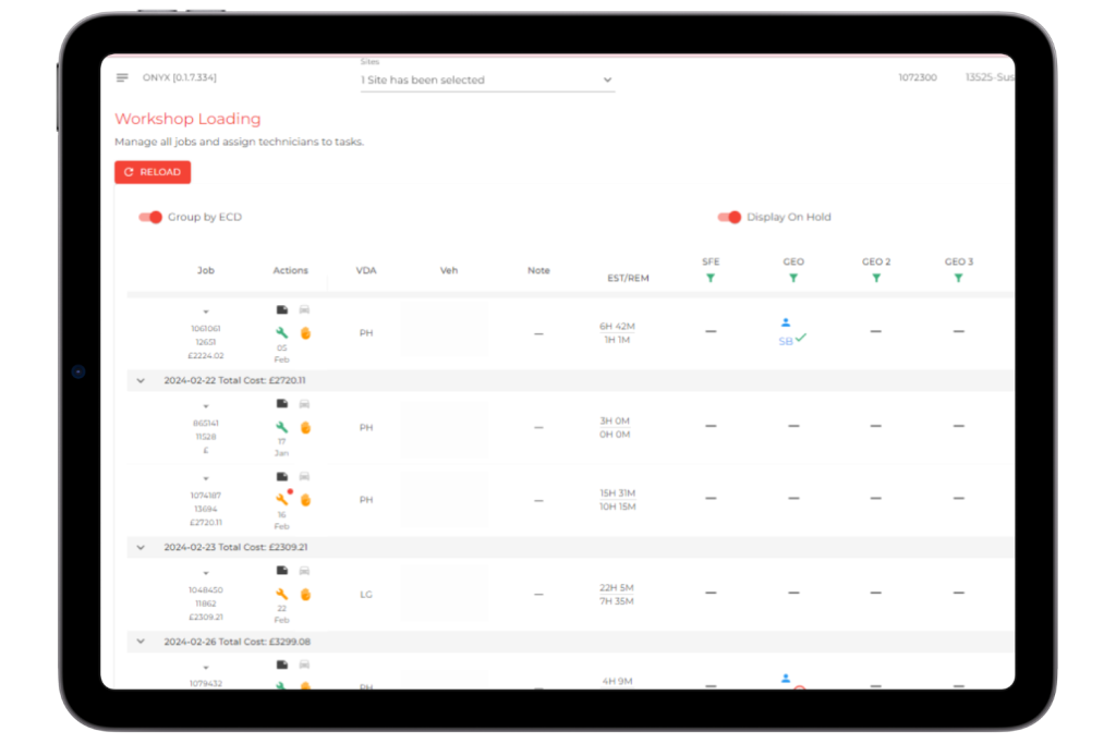 An ipad screenshot showing the Onyx Bodyshop Management System's workflow-driven task tracker, which gives workshop controllers an exact view of what every technician in their bodyshop is working on, and enables them to set new tasks for technicians, drivers, VDAs, and valet.